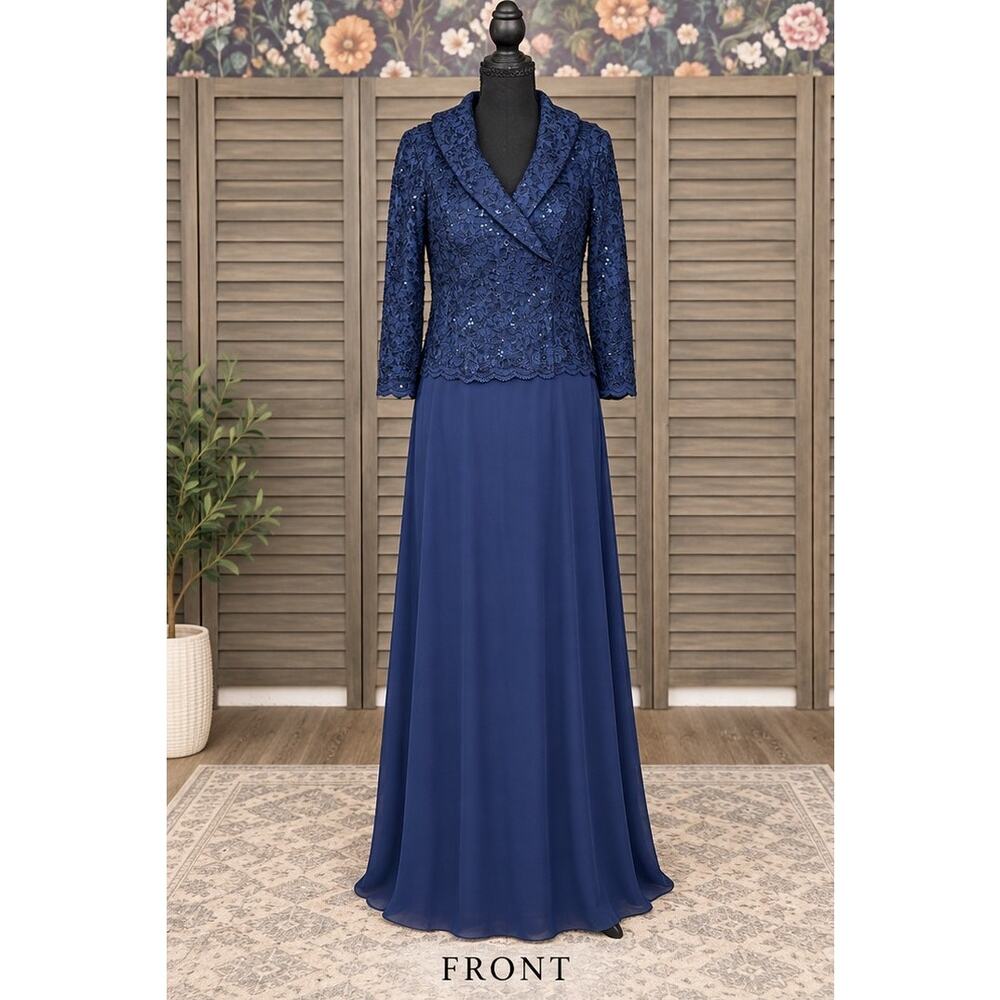 Alex Evenings Navy Sequin Lace Portrait Collar Mother of Bride Gown 4 NWT $189 - Picture 3 of 13